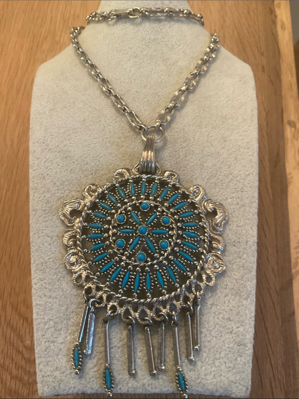 Turquoise Color Silver-Tone Bohemian Pendant Necklace - Women Jewelry - Picture 2 of 5